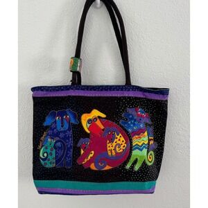 Laurel Burch Bags Colorful Dogs Large Zippered Tote Shoulder Bag 90s Boho